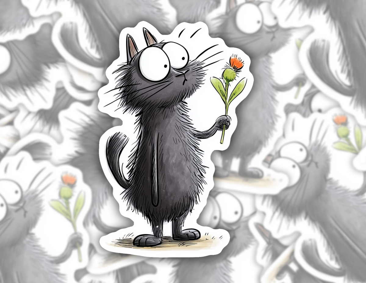 Cute Black Cat with Flower Sticker: 3" tall