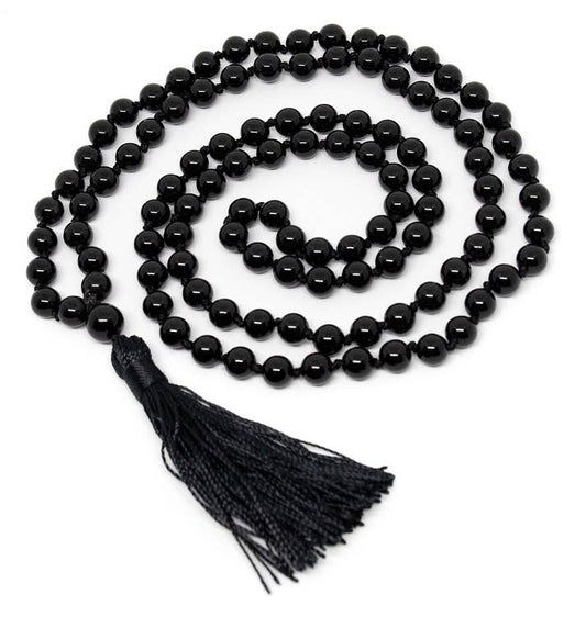 Mala - Black Tourmaline Round Bead Knotted 108 - 7mm