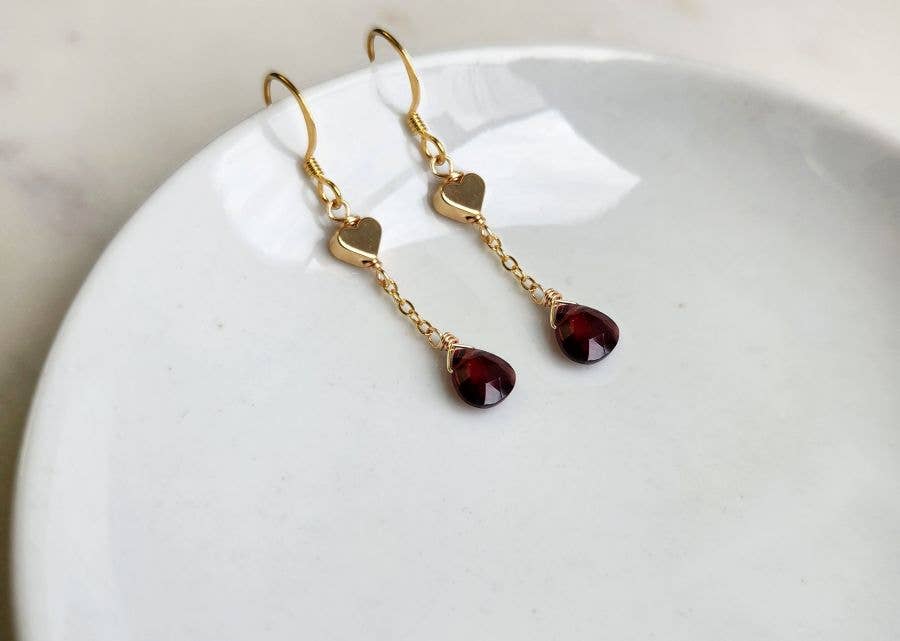 Sweet Gold Heart Chain Earrings (Multiple Colors): Rose Chalcedony