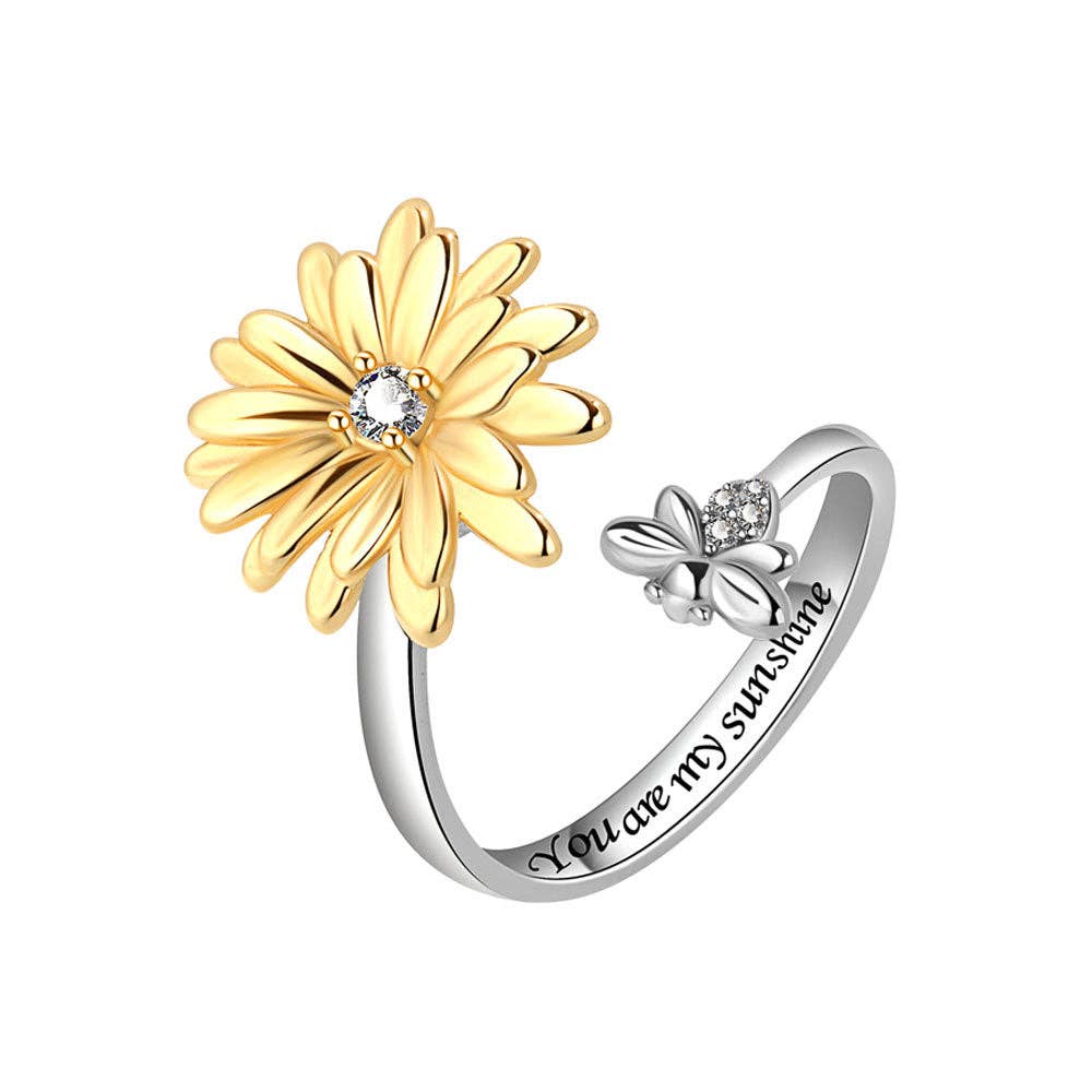Daisy Flower Bee Anxiety Fidget Spinner Ring in Solid Copper: Silver