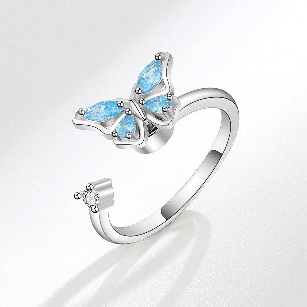 Butterfly Anxiety Fidget Spinner Ring in 925 Sterling Silver: Gold/Blue / Solid Copper