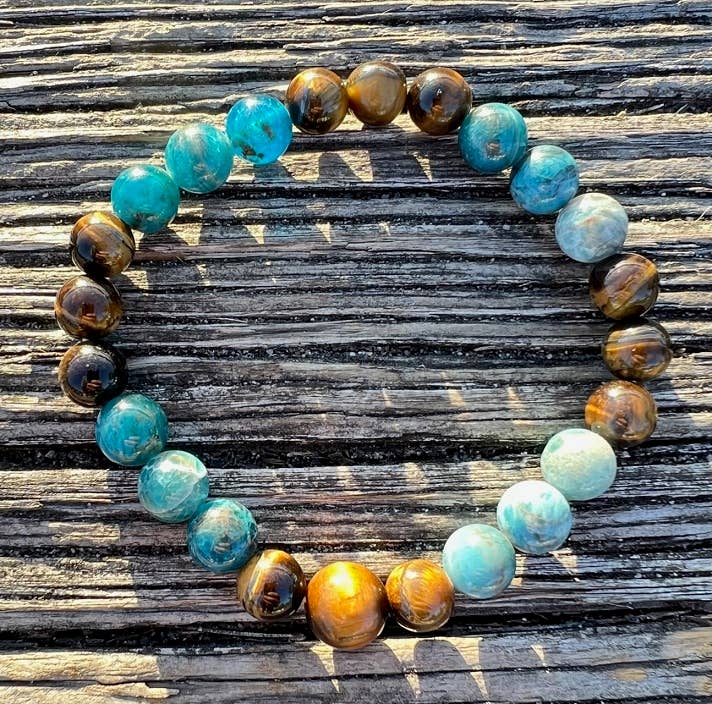 Beaded Bracelet - Apatite & Tiger's Eye Wrist Mala - 8mm