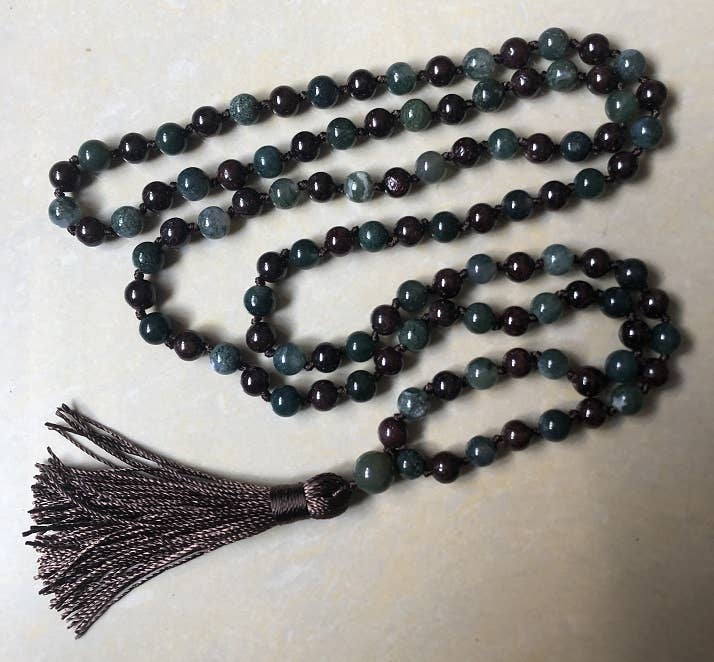 Mala - Garnet & Moss Agate KNOTTED 108 - Prayer Beads - 8mm