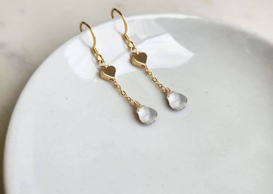 Sweet Gold Heart Chain Earrings (Multiple Colors): Rose Chalcedony