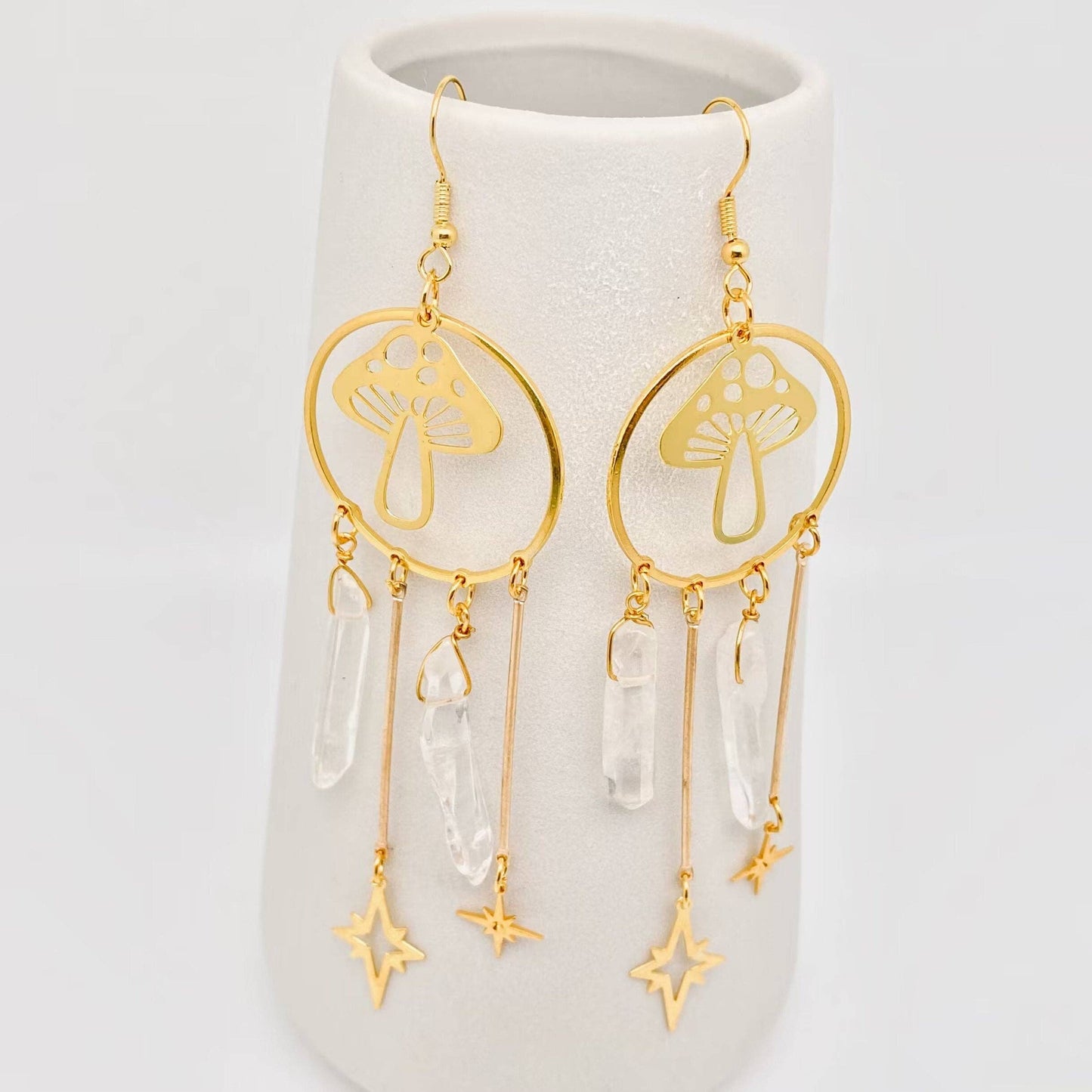 Earrings - Bohemian Quartz Crystal Golden Mushroom