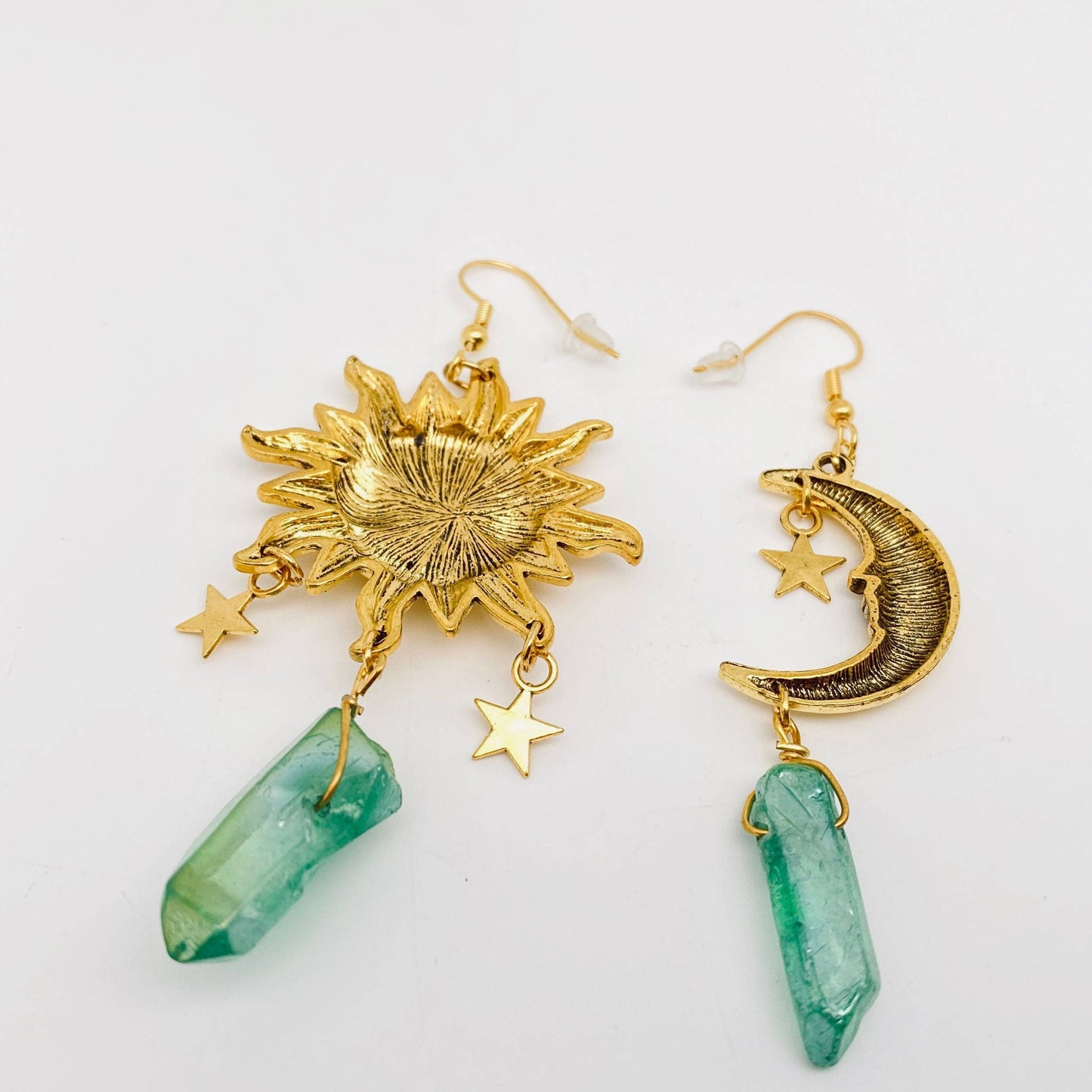 Asymmetric Sun and Moon Green Crystal Pendant Earrings - MS: Earrings