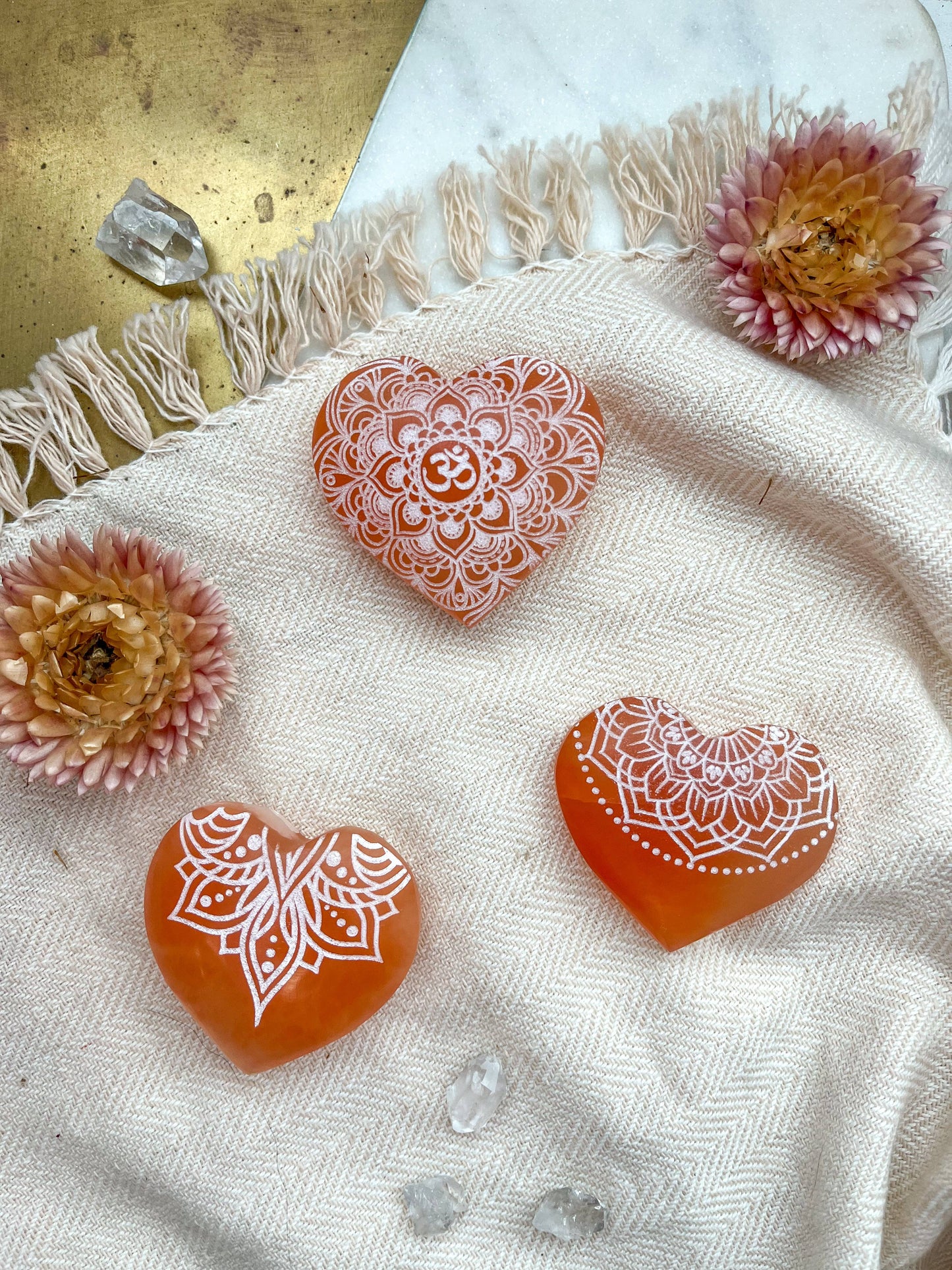 Peach Selenite - Engraved Heart Small (~2") / Om Mandala