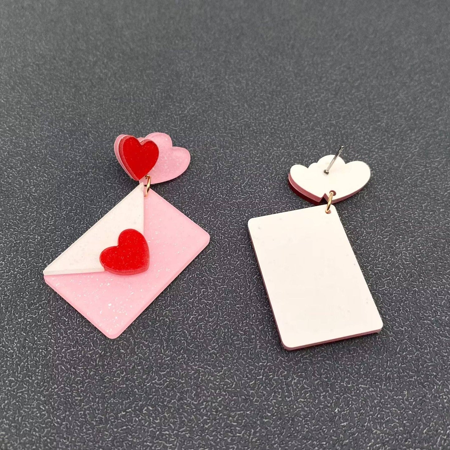 Earrings - Acrylic Pink Heart Envelope - Valentine's Day