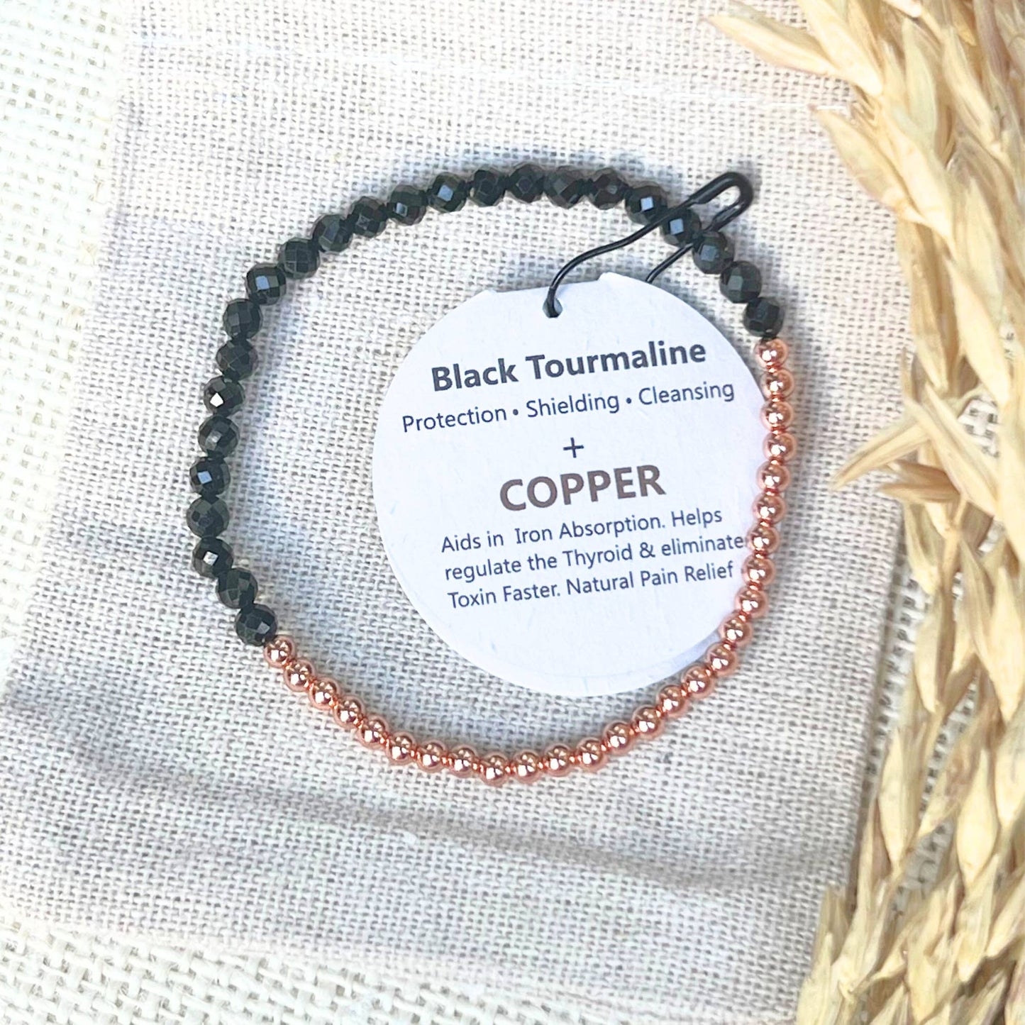 Dainty Faceted Black Tourmaline beads + Copper Bracelet