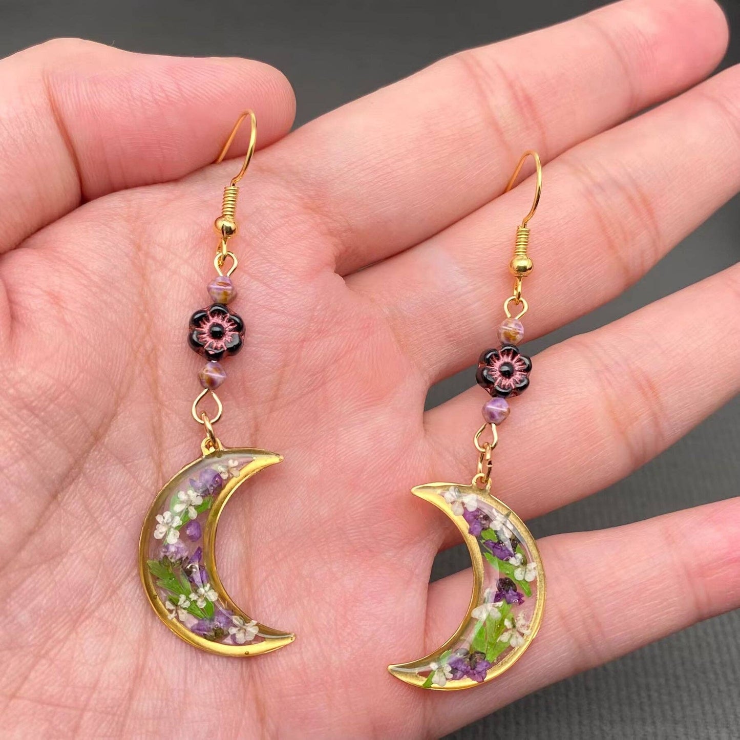 Earrings - Dried Flower Moon Dangle