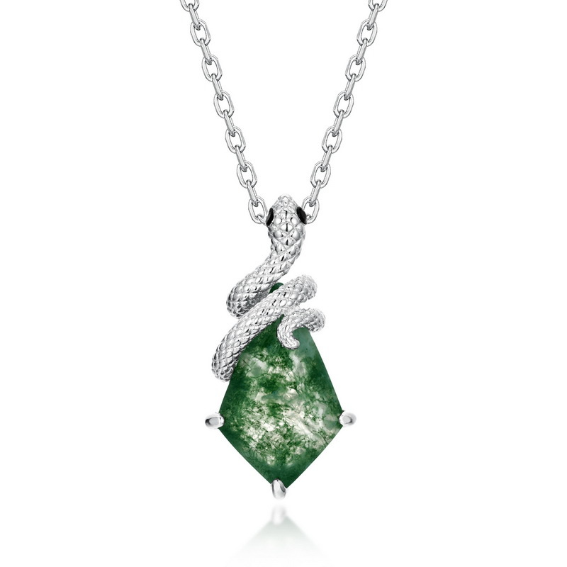 Green Moss Agate Snake Charm Necklace in 925 Sterling Silver: With chain