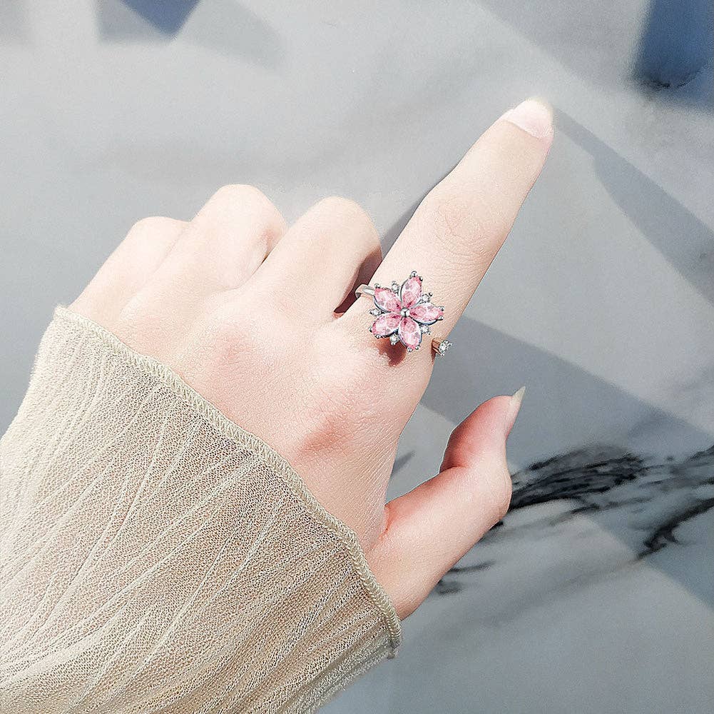Cherry Blossom Flower Fidget Spinner Ring in Solid Copper: Silver