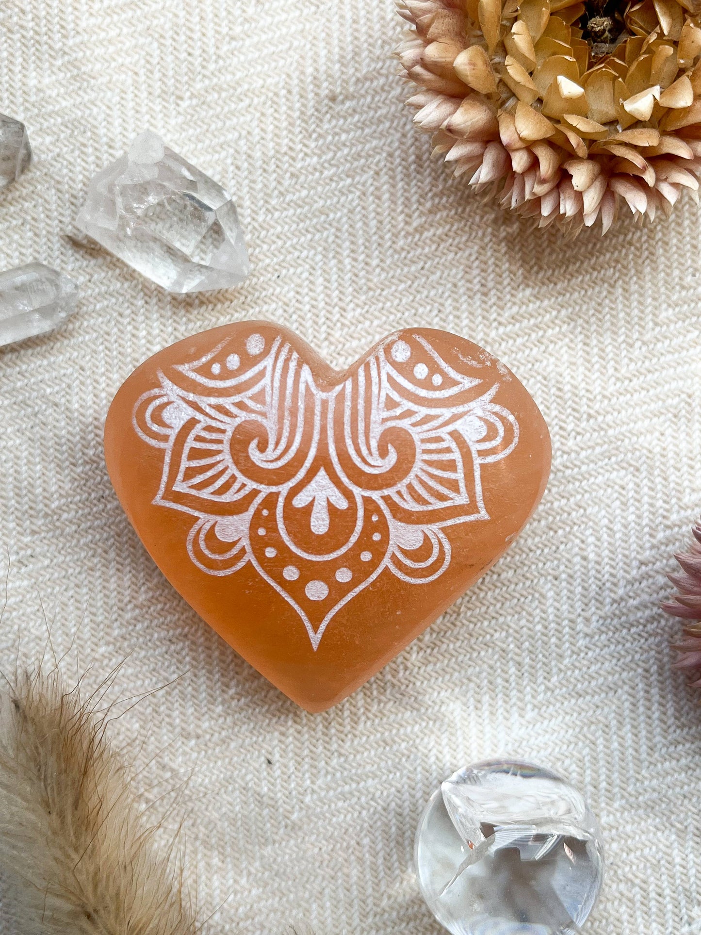 Peach Selenite - Engraved Heart Small (~2") / Om Mandala