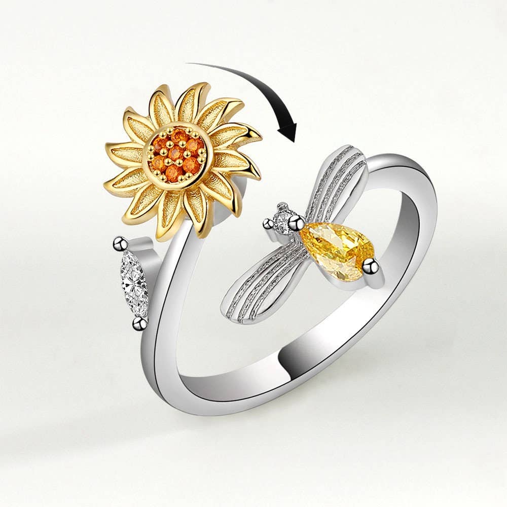 Sunflower Anxiety Fidget Spinner Ring in 925 Sterling Silver: Solid Copper
