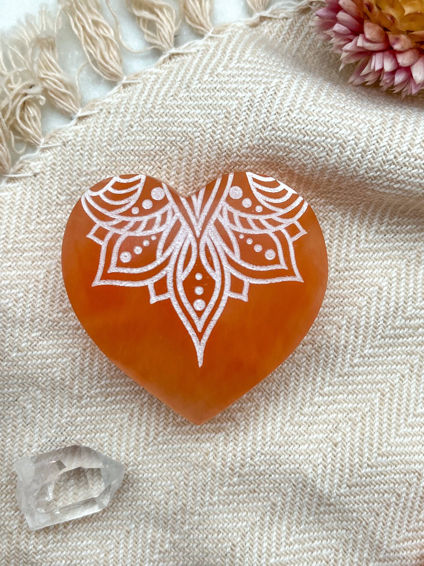 Peach Selenite - Engraved Heart Small (~2") / Om Mandala