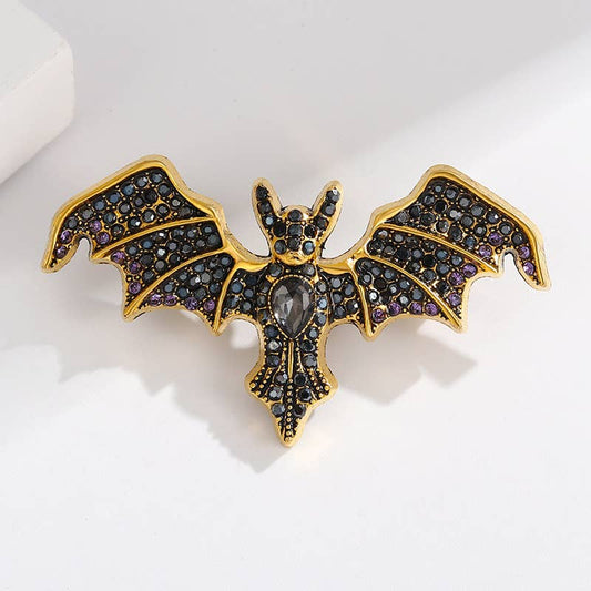 Vintage Rhinestone Devil Bat Brooch: Black