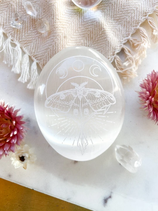 Etched Selenite Palmstone "Mystic Luna Moth": Small