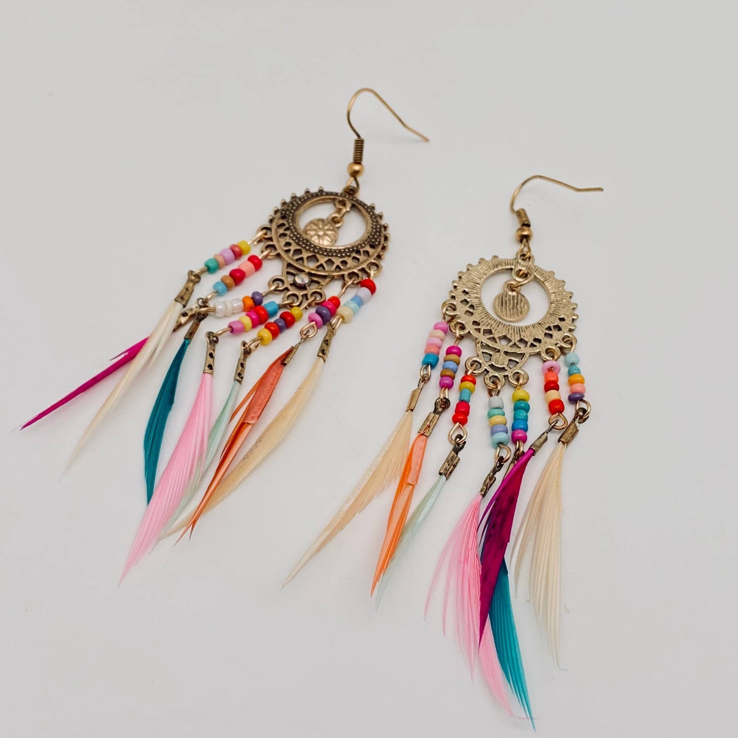 Round Hollow-out Bohemian Colorful Feather Tassels Earrings: Ancient silver