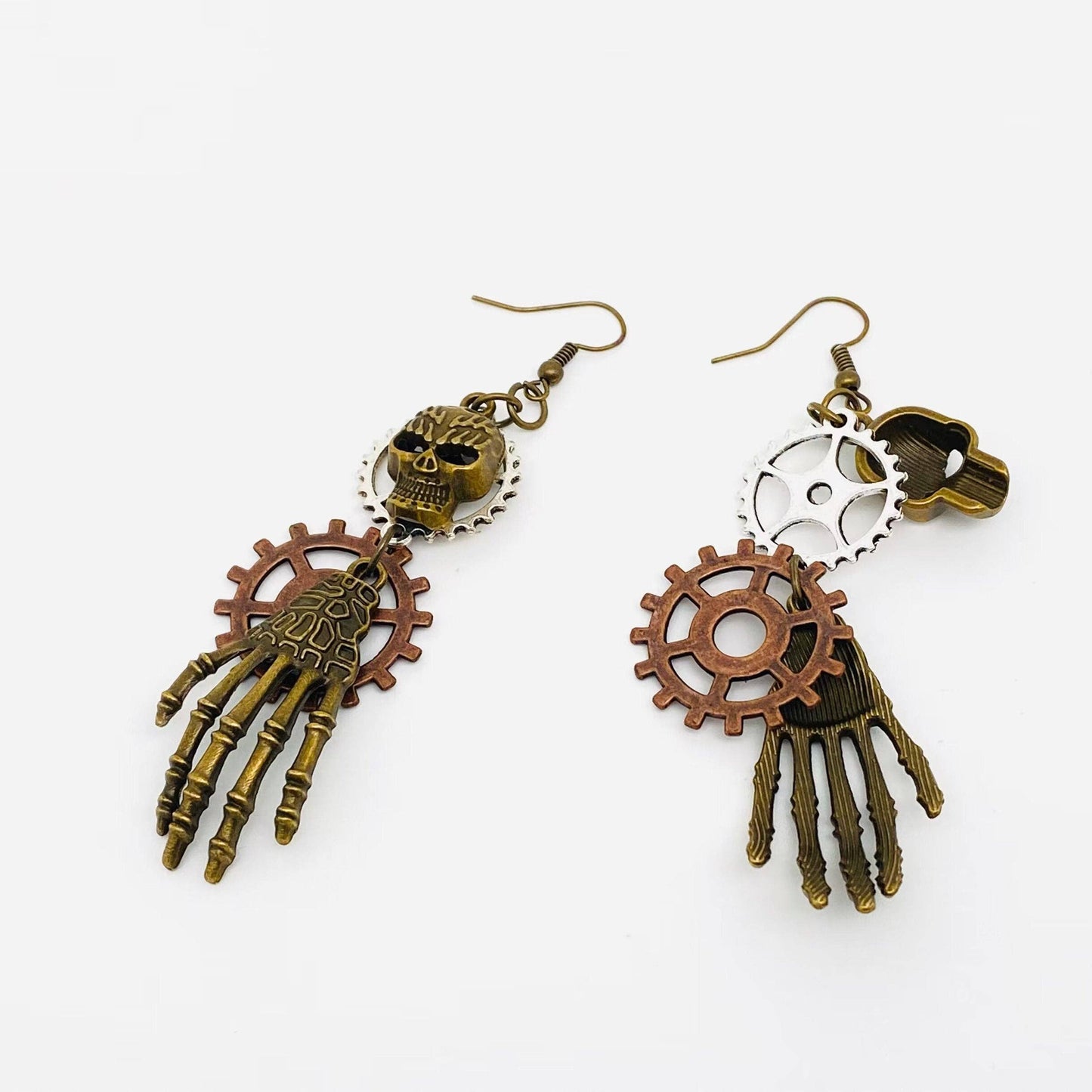 Earrings - Steampunk Style Gear Skeleton Head and Hand Charm