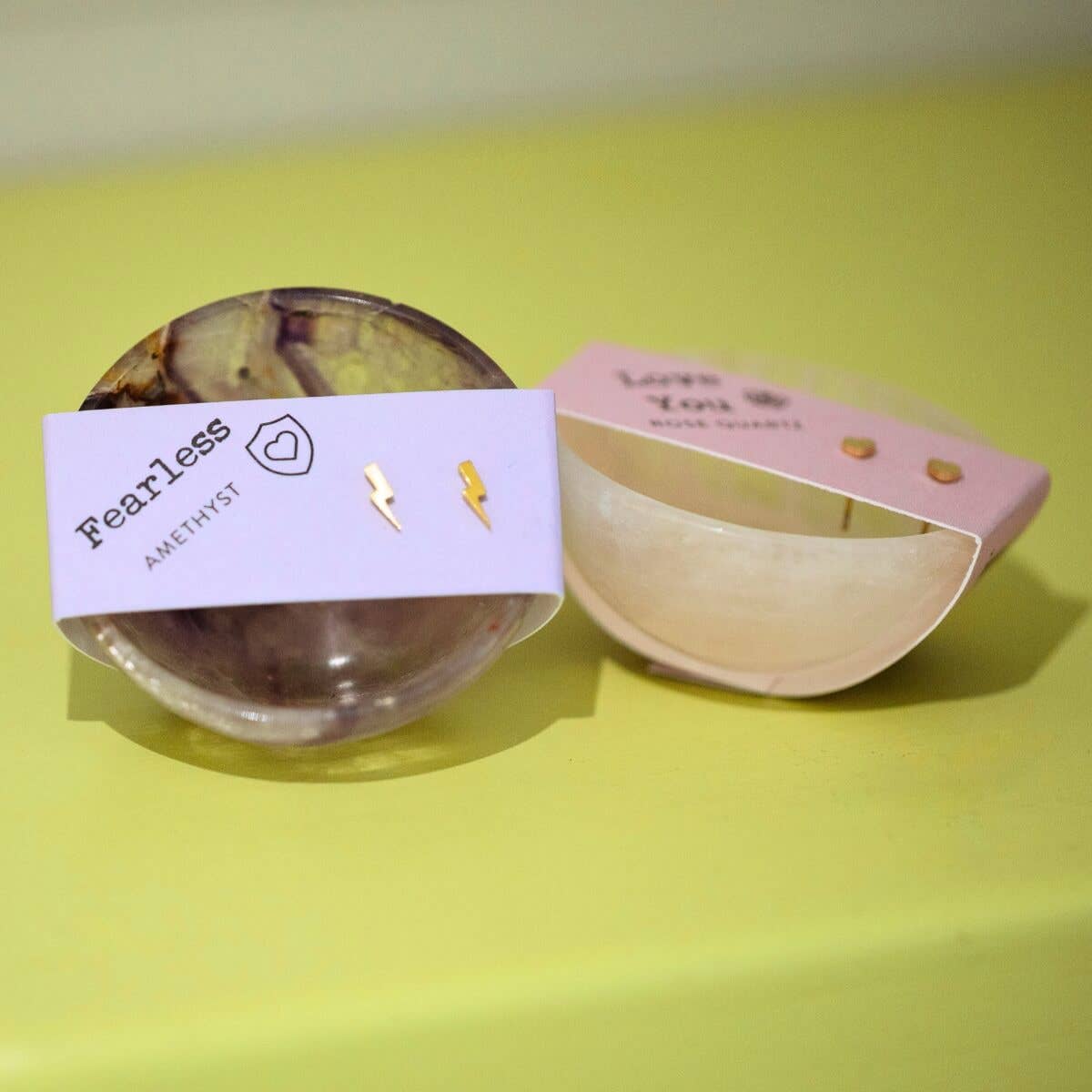 Gold Heart Stud Earrings & Rose Quartz Bowl Gift Set