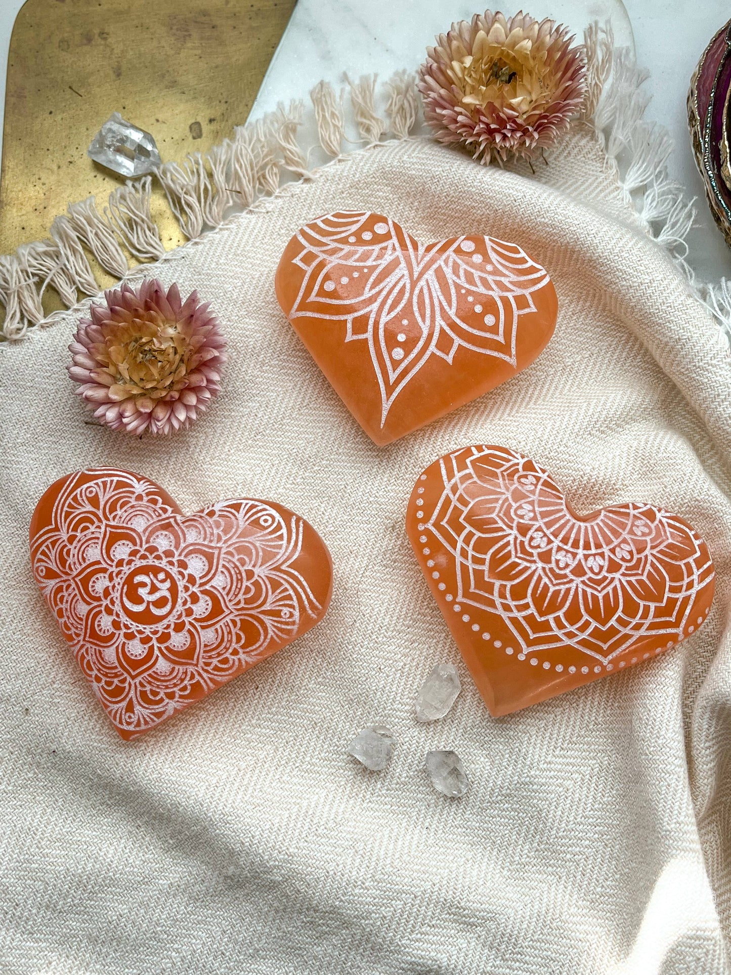 Peach Selenite - Engraved Heart Small (~2") / Om Mandala