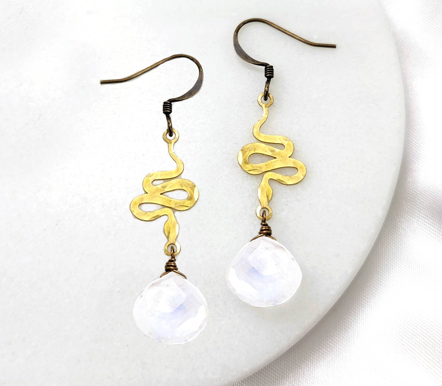 Dainty Hammered Snake Gemstone Earrings (Multiple Colors): Black Onyx