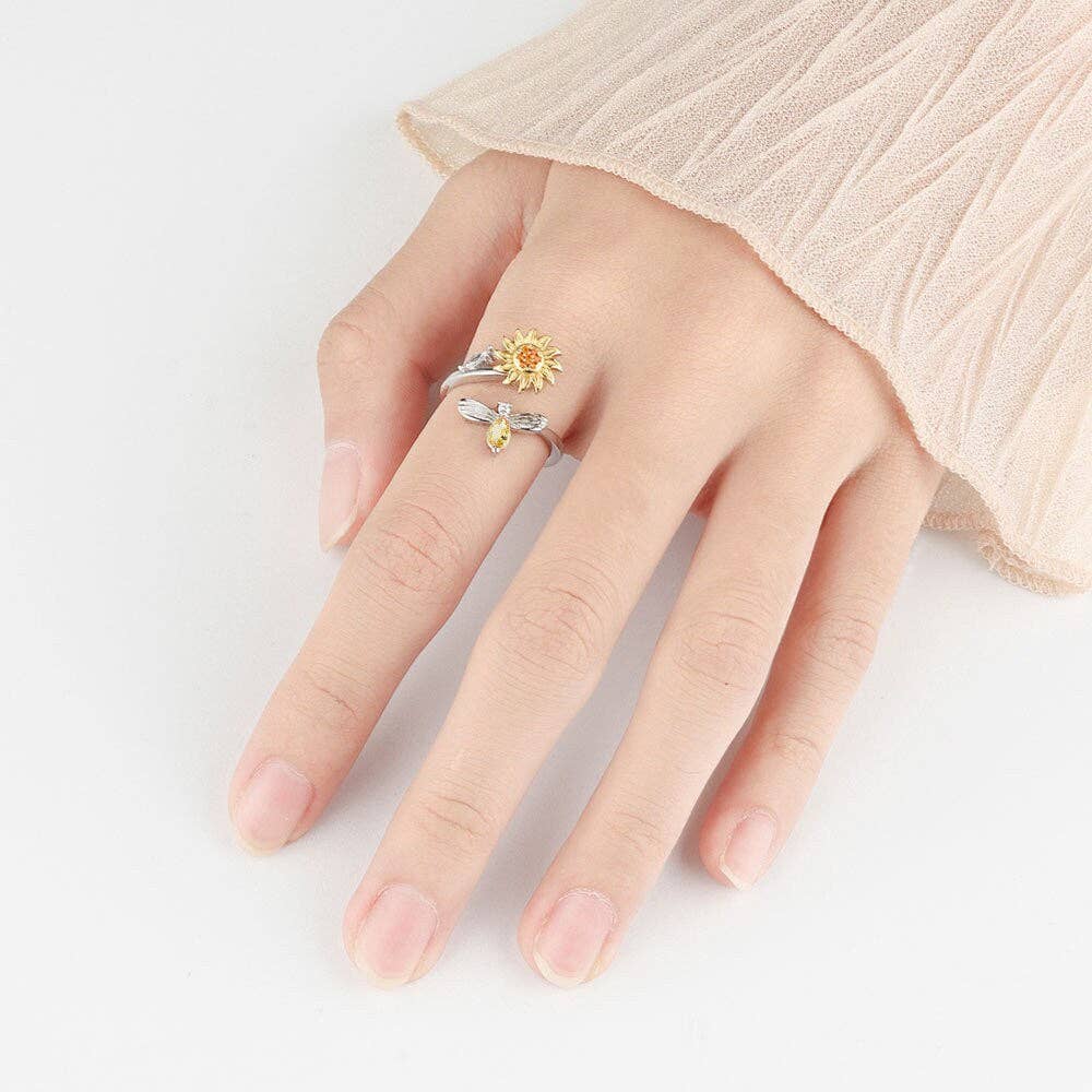 Sunflower Anxiety Fidget Spinner Ring in 925 Sterling Silver: Solid Copper