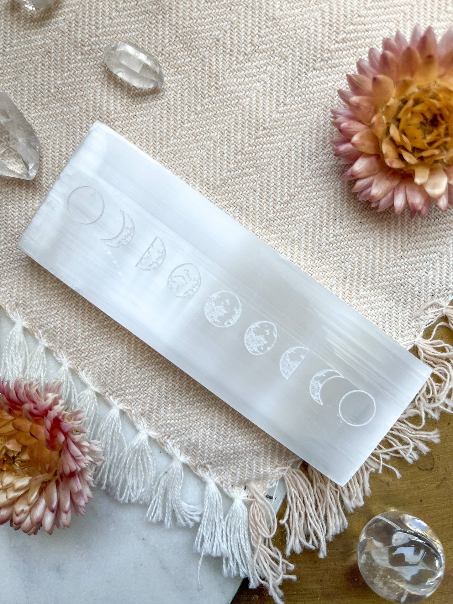 Moon Phase Selenite Crystal Charging Cleansing Rectangle: Small 4"