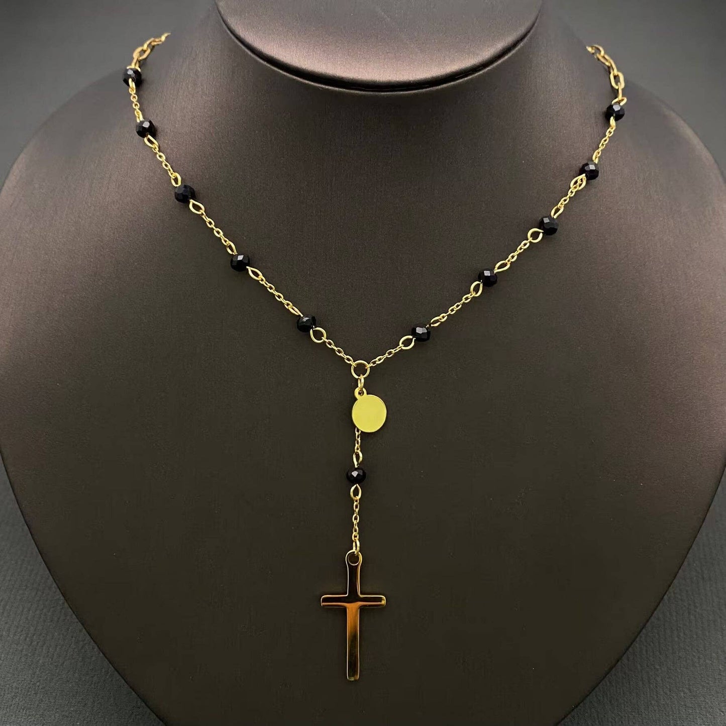 Cross Charm Black Glass Beaded Necklace