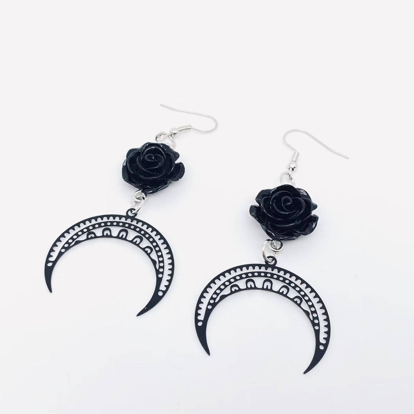 Earrings - Gothic Black Rose Crescent Moon