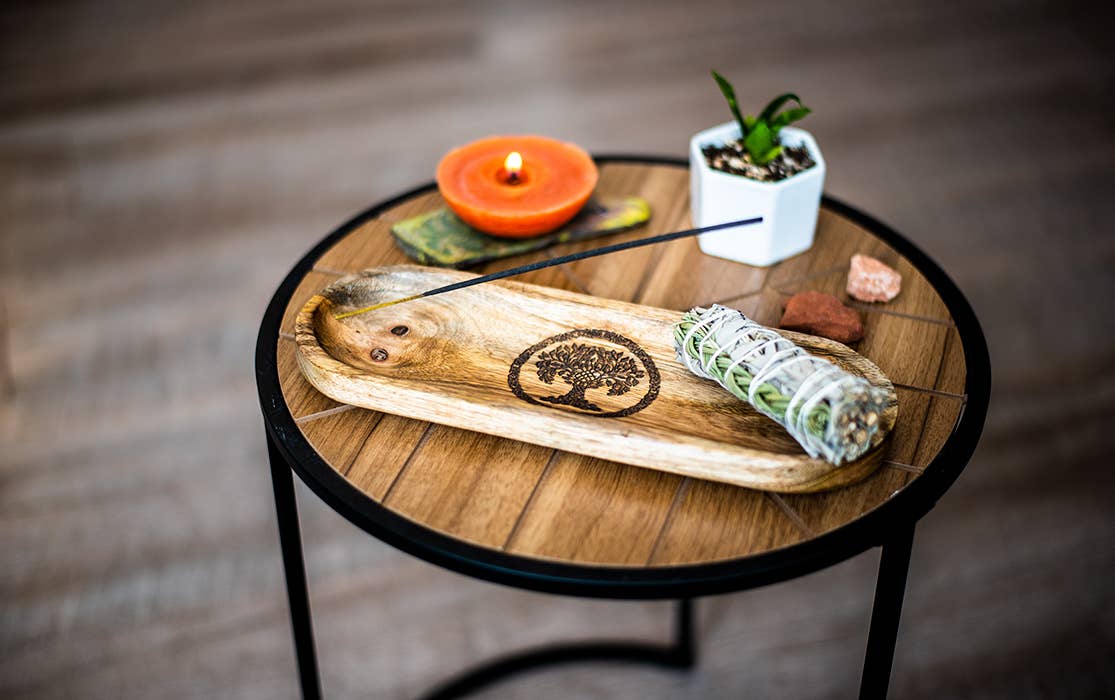 Mango Wood Oval Incense Holder Laser Engraved - Tree of Life: Beige
