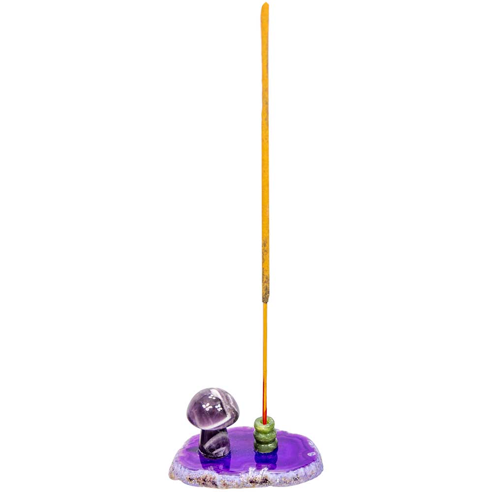 Agate Slice Incense Holder w/ Gemstone Mushroom - Asstd: Agate