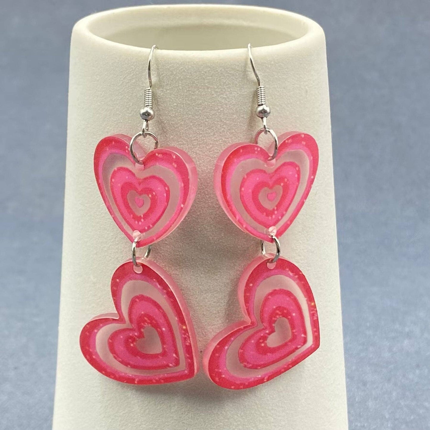 Pink Double Hearts Linked Dangle Earrings