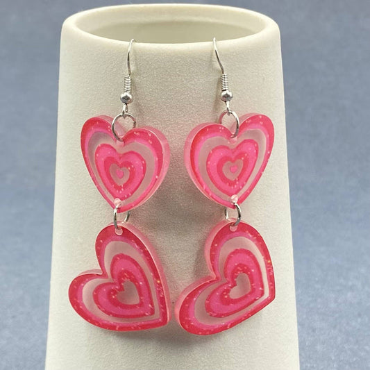 Pink Double Hearts Linked Dangle Earrings