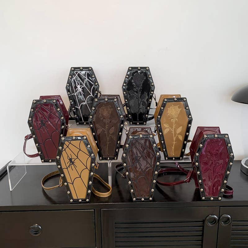 Spider Web Pattern Studded Coffin Crossbody Bag: Brown