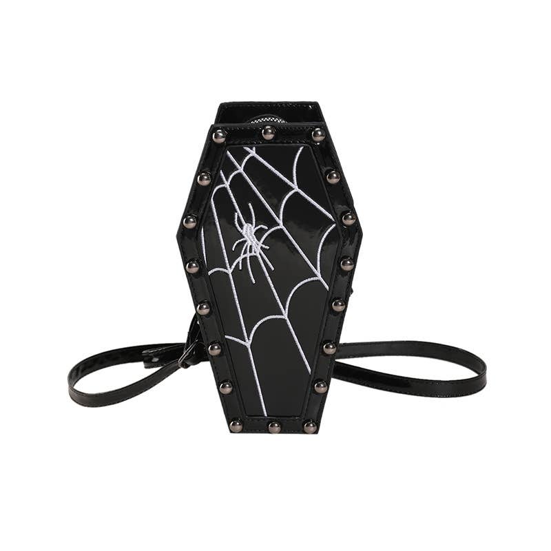 Rose Pattern Studded Coffin Crossbody Bag: Black