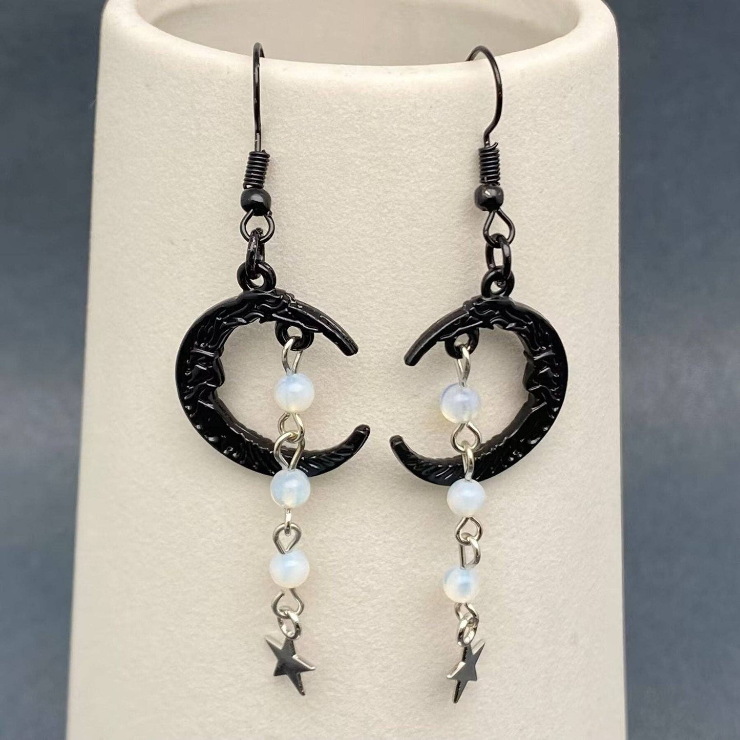 Gothic Black Moon Beaded Fringe Dangle Earrings - GT/MS: Purple