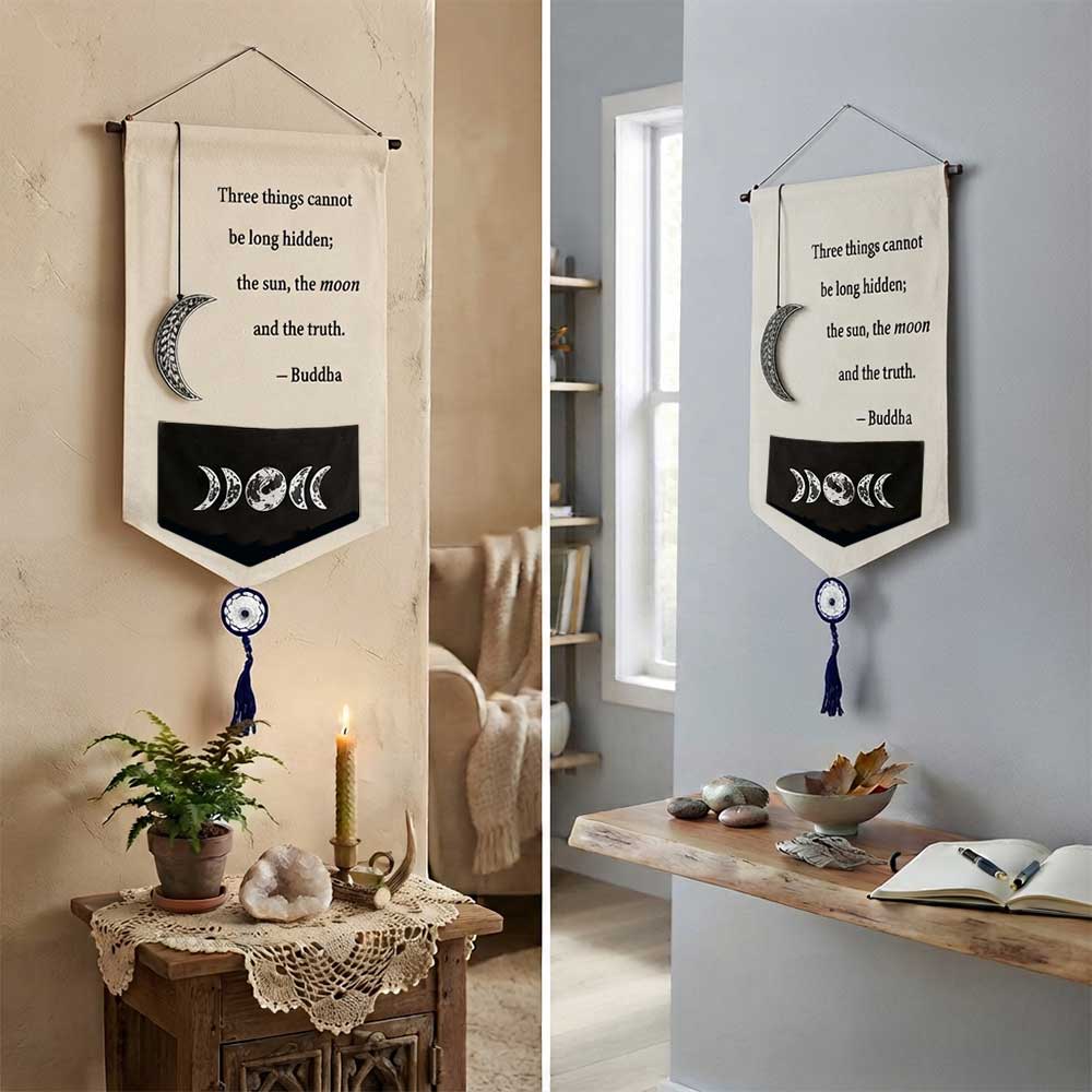 Small Cotton Banner - Buddah Proverb w/ Moon Charm (Each): Moon Charm