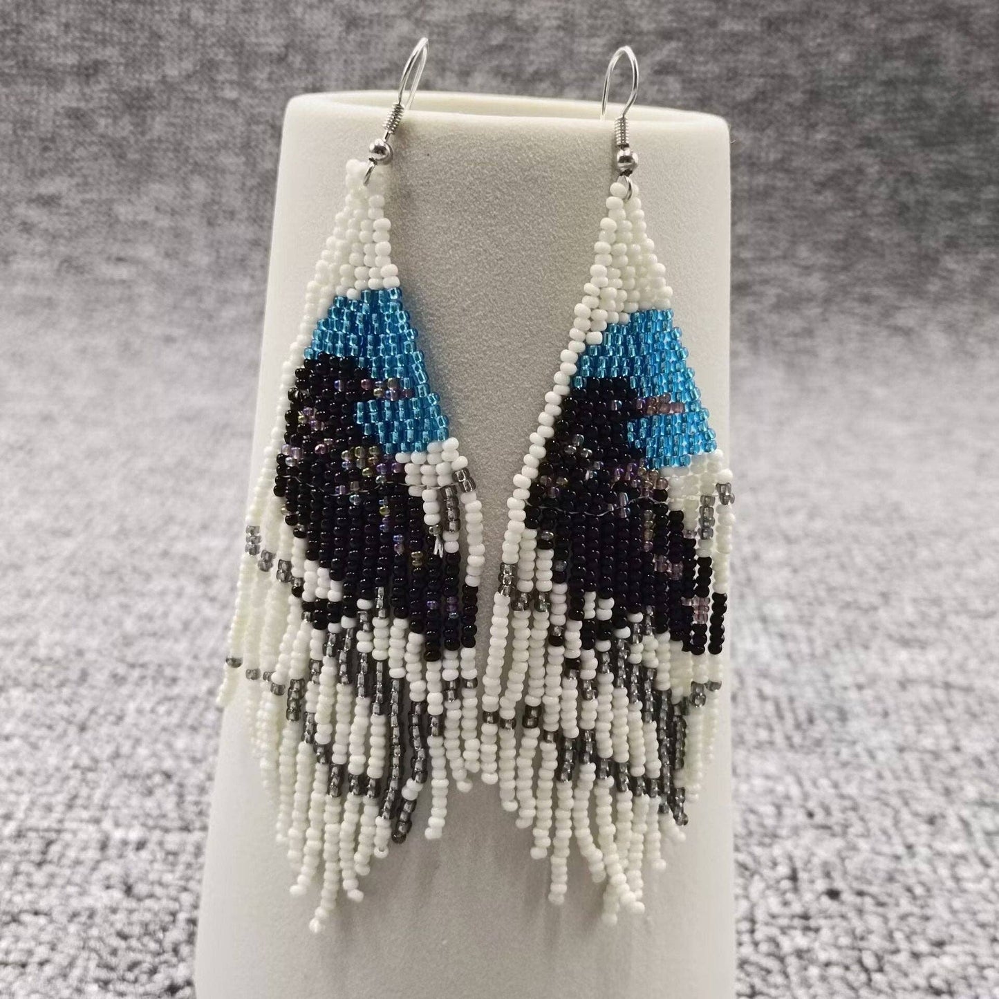 Crows On Tree Branches Seed Beads Fringe Earrings - SB