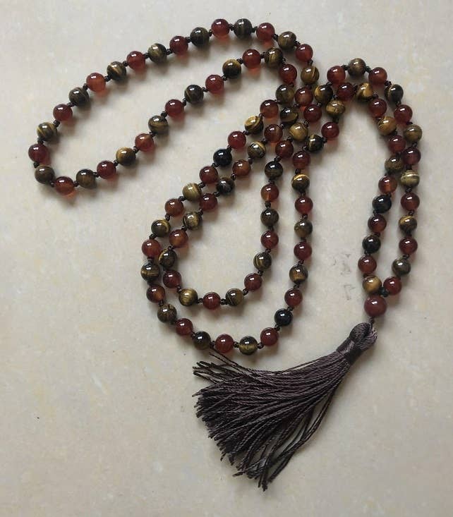 Mala - Carnelian & Tiger's Eye Knotted 108 - Prayer Beads 8mm