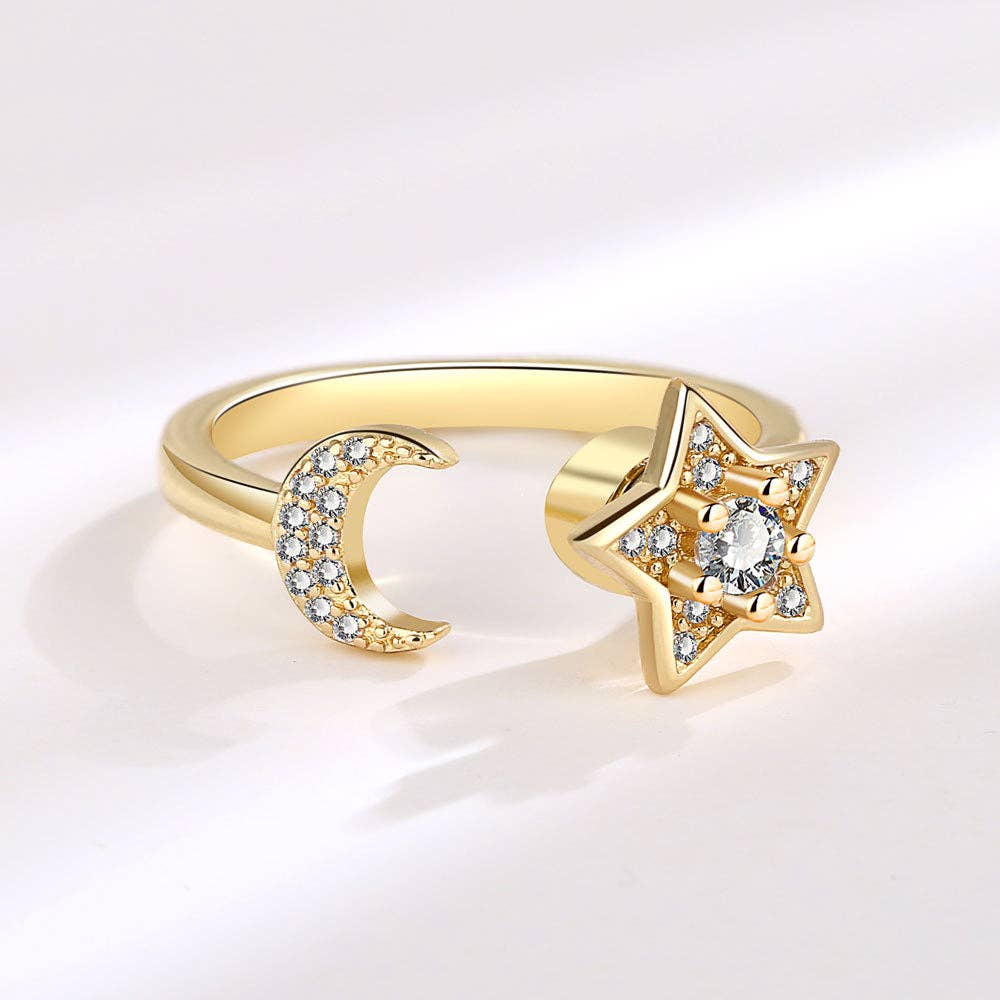 Gold Moon Star Anxiety Fidget Spinner Ring in Solid Copper: Gold