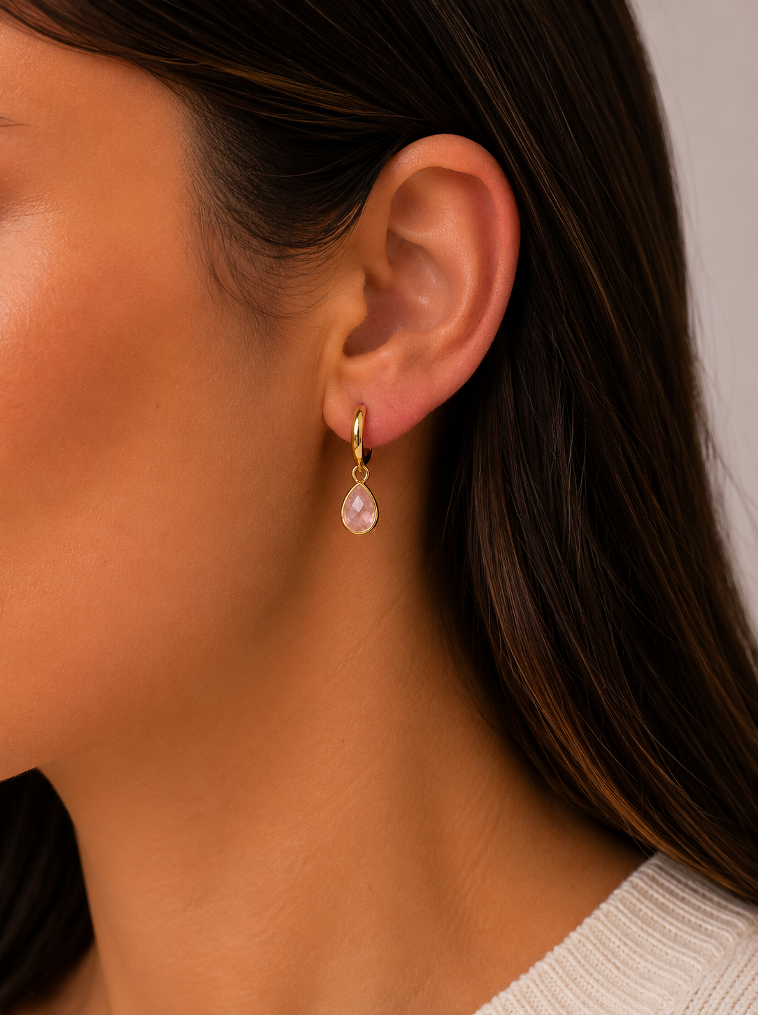 Teardrop Charm Hoop - Rose Quartz