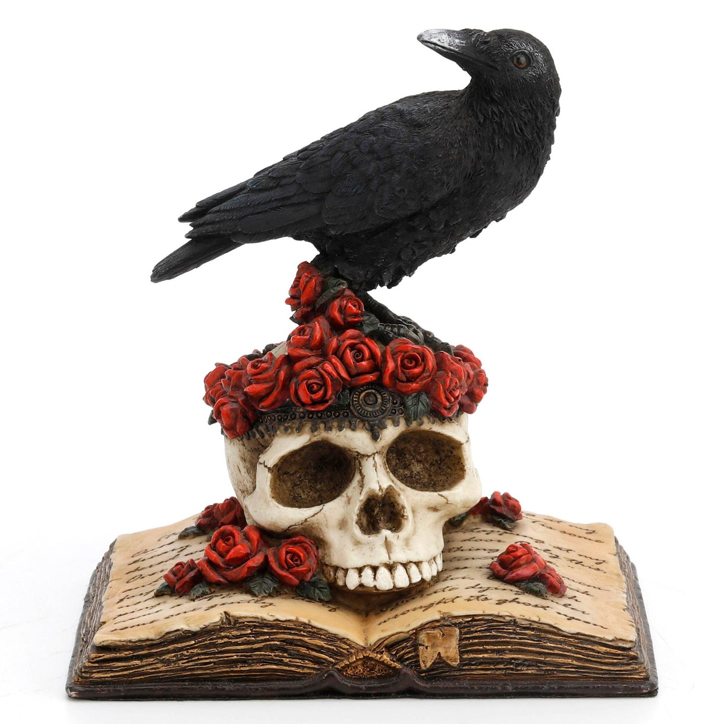 Crow Perching on Skull with Roses