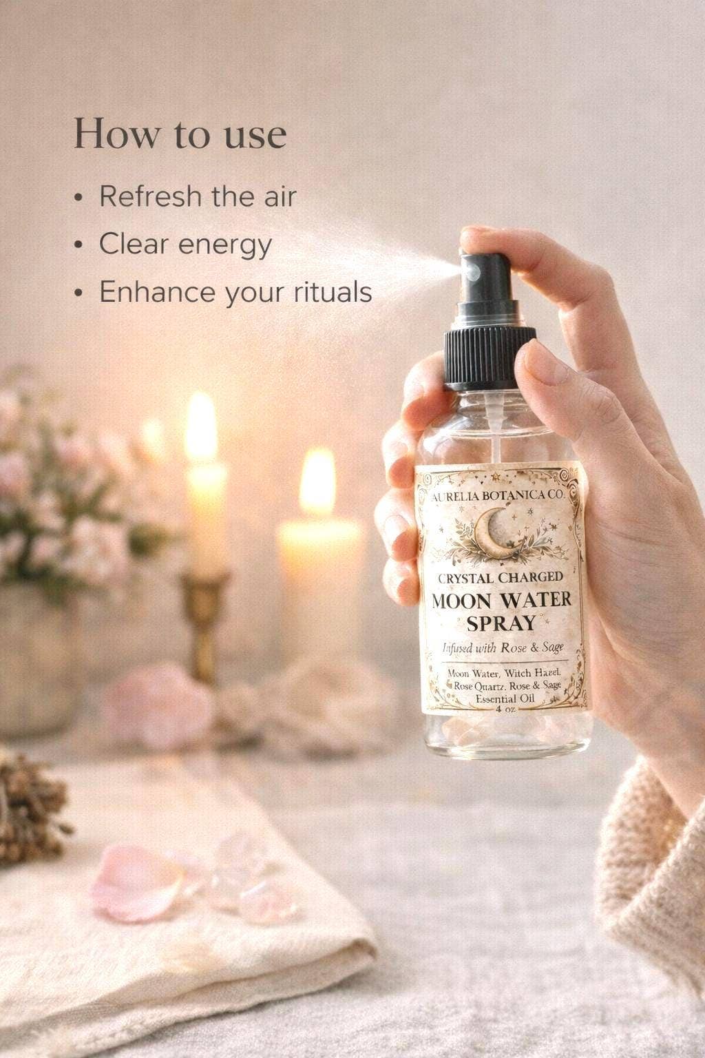 Rose & Sage Moon Water | Crystal Infused Aura Mist for Cleansing, Protection & Heart Healing | Full Moon Ritual Spray | Energy Clearing Botanical Mist: 2 fl oz