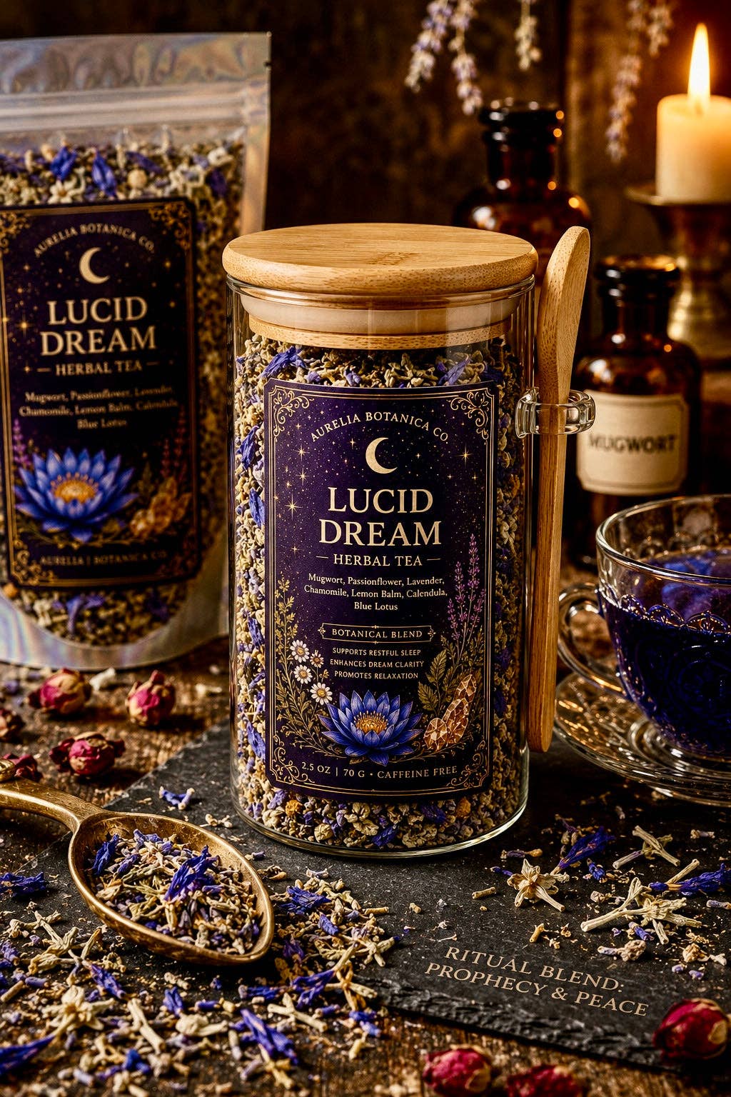 Lucid Dream Herbal Tea | Loose Leaf Ritual Tea | Mugwort | Blue Lotus |  Dreamwork & Mindful Sleep Blend | Ritual Card |: 1 oz Sample Pouch