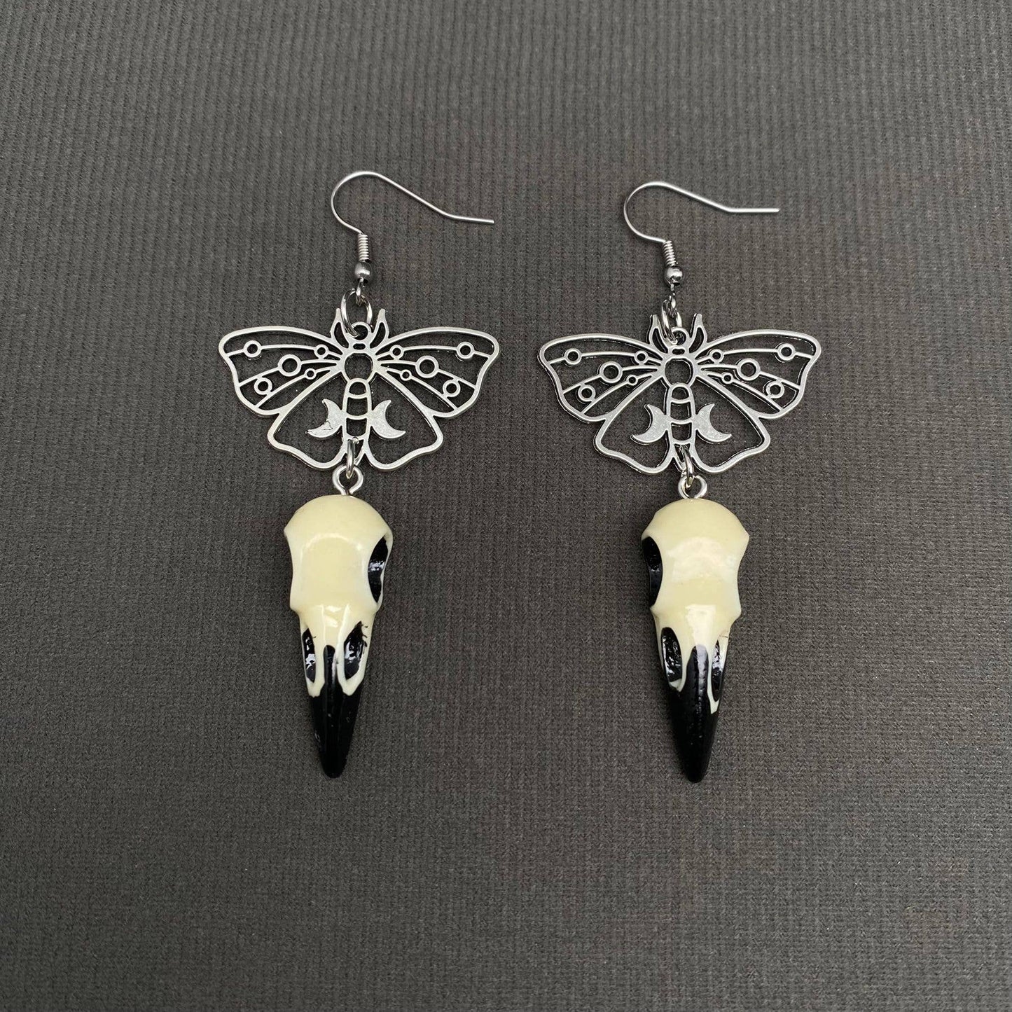 Crow Skull Moth Dangle Earrings - GT