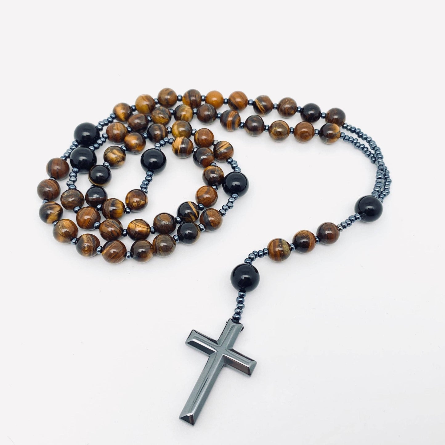 Tigers Eye & Black Agate Beaded Cross Pendant Necklace