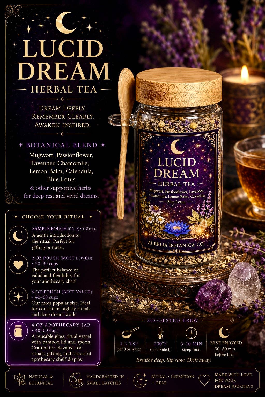 Lucid Dream Herbal Tea | Loose Leaf Ritual Tea | Mugwort | Blue Lotus |  Dreamwork & Mindful Sleep Blend | Ritual Card |: 1 oz Sample Pouch