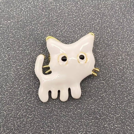 Enamel Funny Cat Brooch - White
