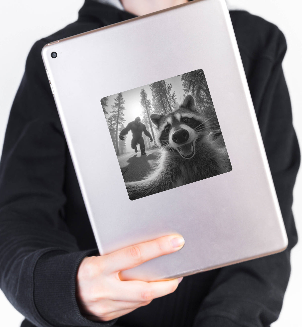Raccoon Selfie Sasquatch Sticker | Funny Cryptid Vinyl Stick: 3" tall
